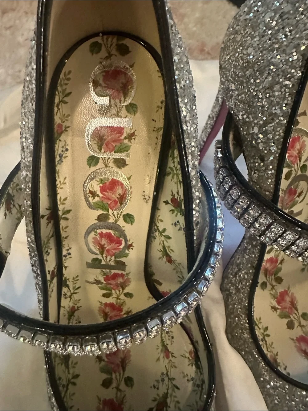 Gucci Silver Glitter Pointed Mary Jane Flats with Rhinestone Strap